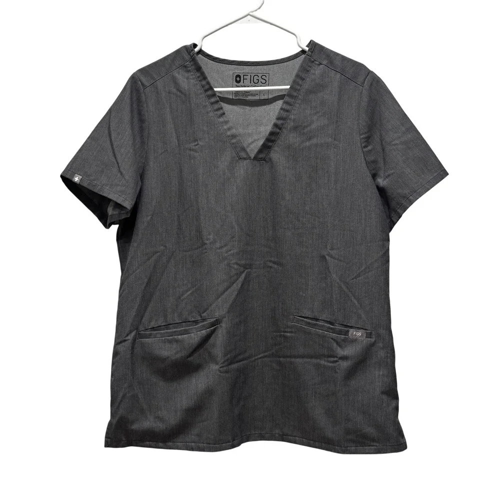 Lot of 2 FIGS Technical Scrub Top Charcoal Gray V-Neck Short Sleeve‎ Size L